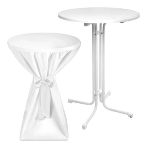 Beautissu Stehtisch Sylt, Ø 80cm, weiß, mit Husse. Klappbarer Partytisch für Hochzeiten und Gastronomie.