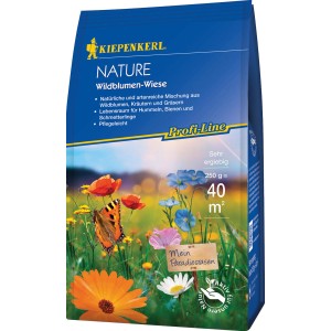 Kiepenkerl Wildblumen-Wiese Nature, 250g Packung für 40m², mit blühender Wiese und Schmetterling.