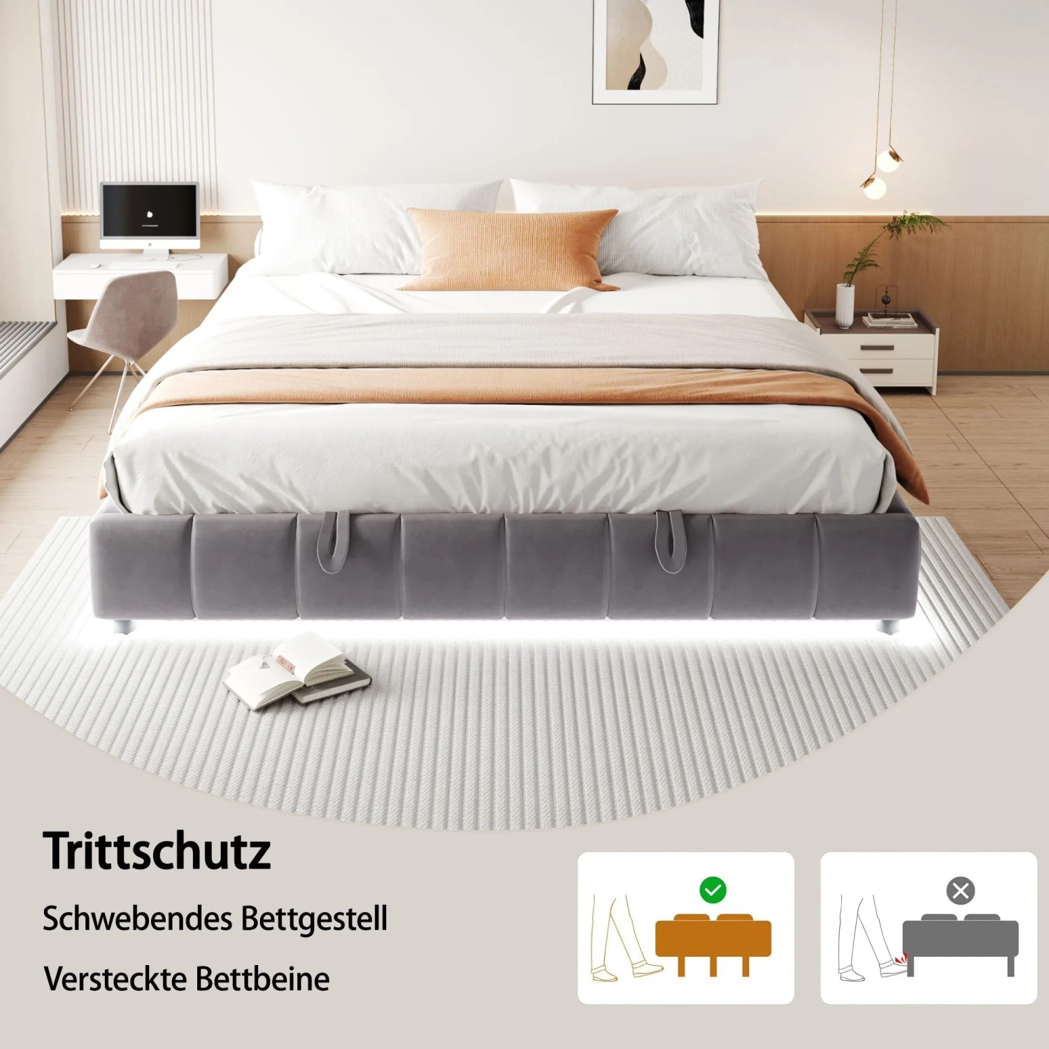 okwish Polsterbett 180x200cm mit LED Beleuchtung und Stauraum Grau ohne Matratze_3