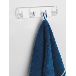 Transparente Wenko Hakenleiste mit 4 Haken und blauem Handtuch an weißer Wand.
