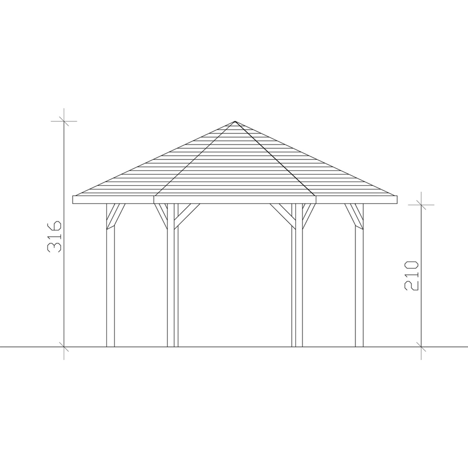 Technische Zeichnung: Skan Holz Pavillon Nancy 3, Nussbaum, 480x416 cm, Gartenlaube mit Maßen.