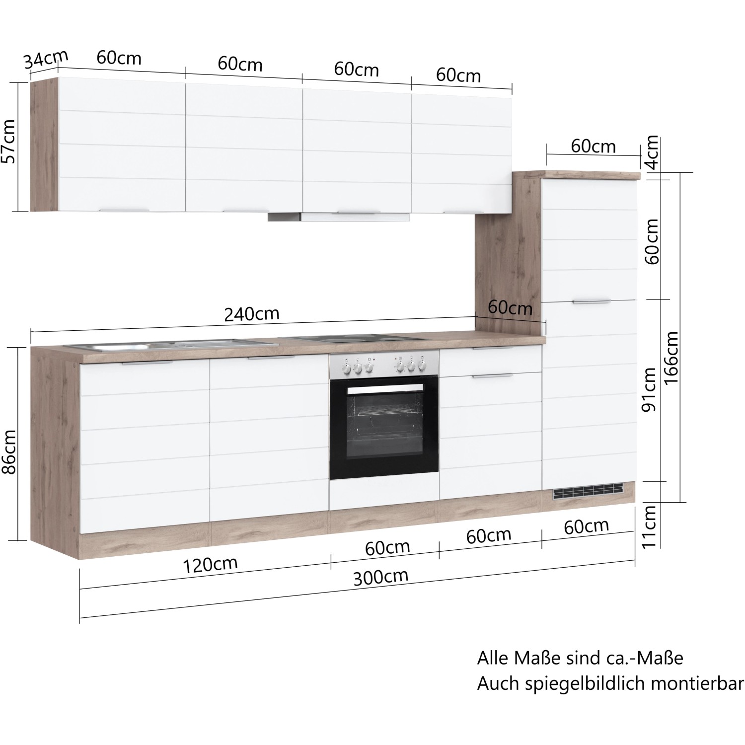 Moderne Küchenzeile (300 cm) in Weiß-Wotaneiche ohne E-Geräte. Einbauküche mit Hänge- und Unterschränken.