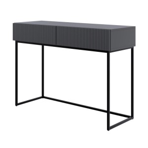 Selsey Veldio Schminktisch 110 cm, schwarz mit geriffelter Lamellenfront und zwei Schubladen auf schwarzen Beinen.