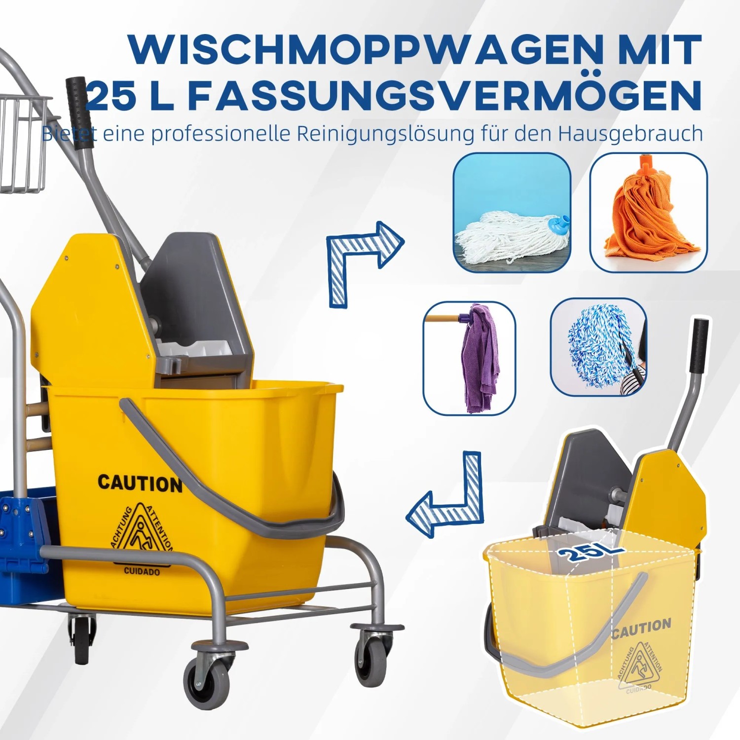 Gelber HOMCOM Reinigungswagen mit 25L Eimer, Presse, Metallrahmen und Rädern für Bodenreinigung.