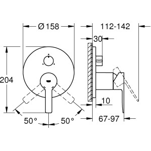 Technische Zeichnung: Grohe Lineare Einhandbatterie mit 3-Wege-Umstellung, Chrom, Maße und Details.