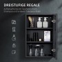 Schwarzer Kleankin Spiegelschrank mit 3 Etagen, offen, gefüllt mit Shampoo und Badutensilien. Praktischer Hängeschrank für Ihr Badezimmer.