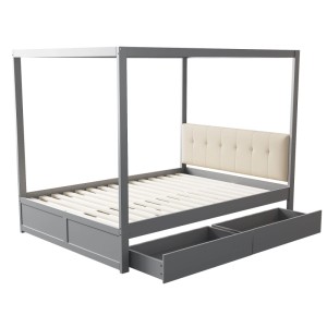 Graues Himmelbett 140x200cm aus Holz mit beigem Polsterkopfteil und zwei ausziehbaren Schubladen.