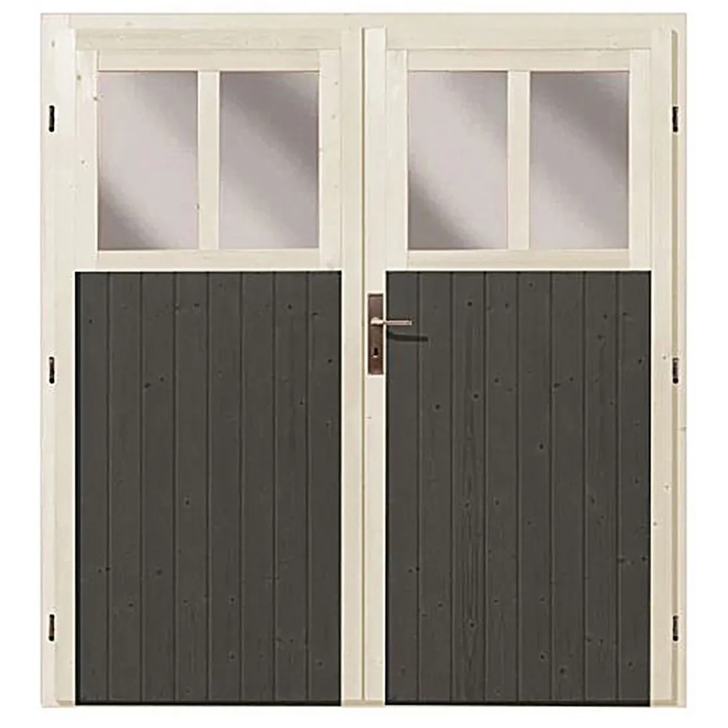 Doppeltür für Karibu Gartenhaus Kristiansund, terragrau lackiert, mit Fenstern.