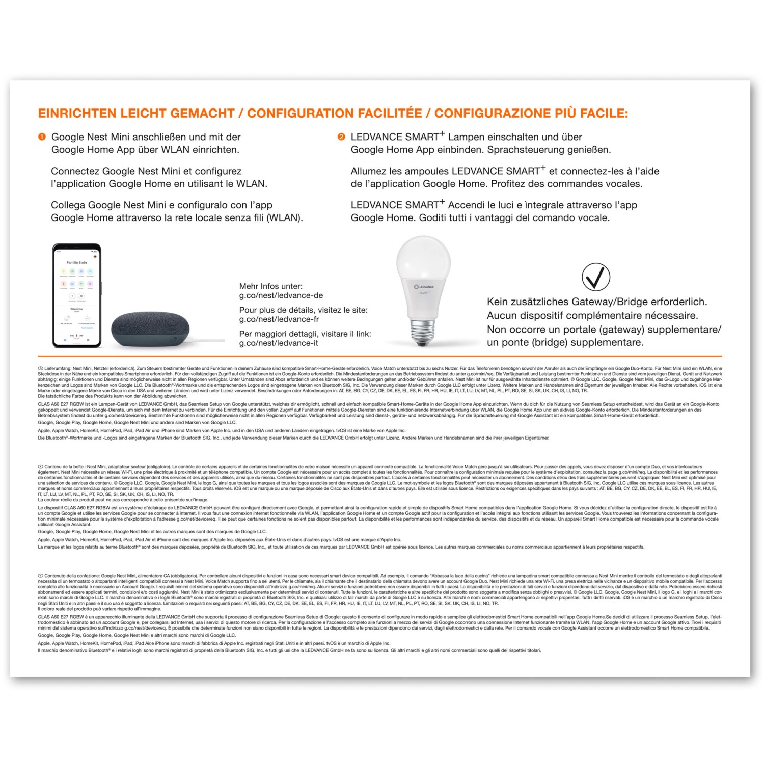 Ledvance Smart Home Set mit Google Nest Mini und farbiger LED Lampe.