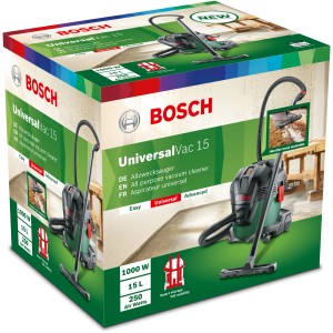 Verpackung des Bosch UniversalVac 15 Nass- und Trockensaugers, ein Allzwecksauger.