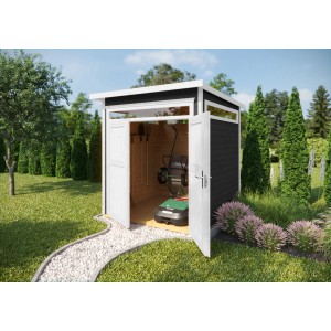 Lasiertes Weka Holz-Gartenhaus 265 mit Flachdach und geöffneten Türen im Garten.