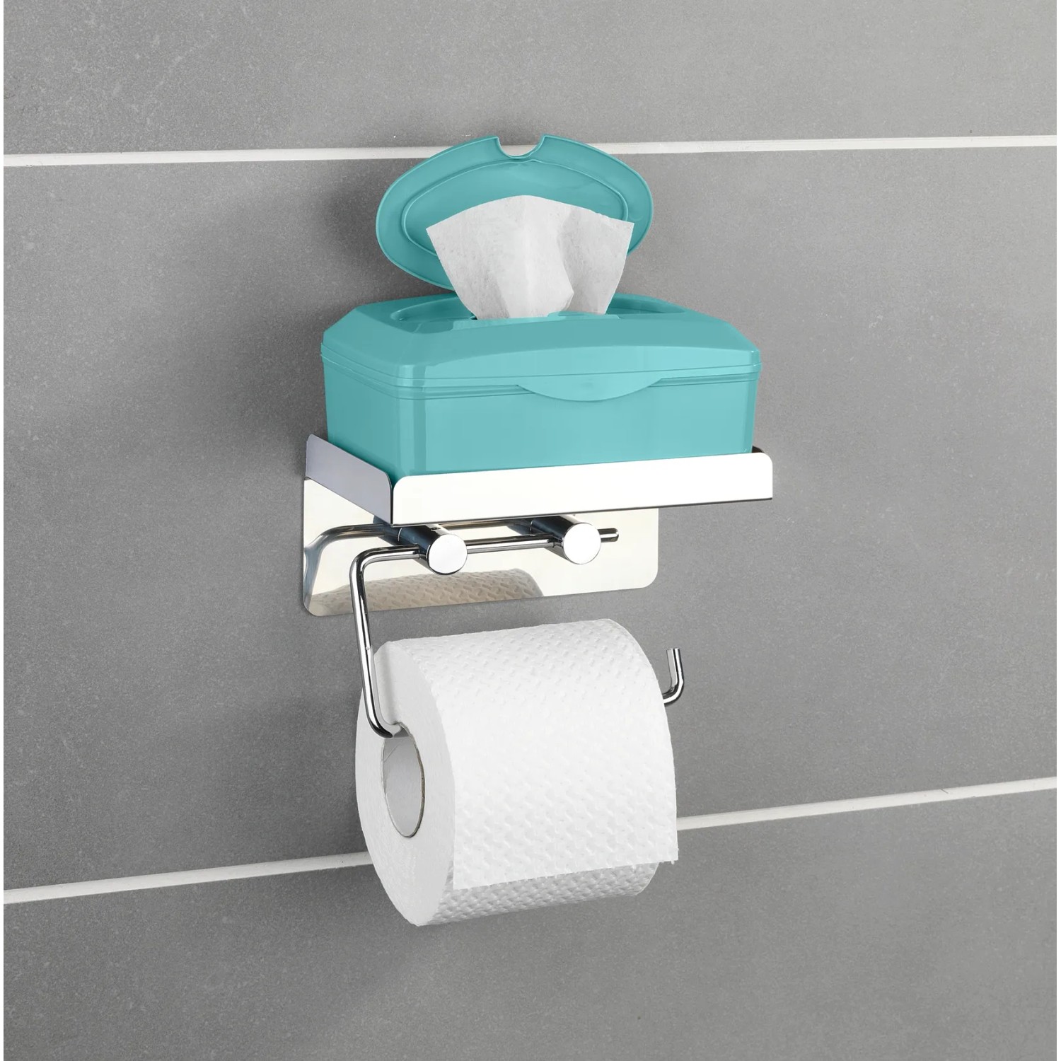 Wenko Toilettenpapierhalter Edelstahl mit Ablage für Feuchttücherbox, Papierrolle hängt.