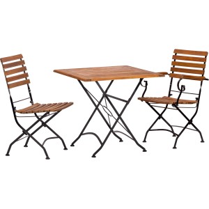 Acamp Gartenmöbel-Set Lindau: Klapptisch 80x80 cm, Sessel und Stuhl aus Teakholz und schwarzem Metall.