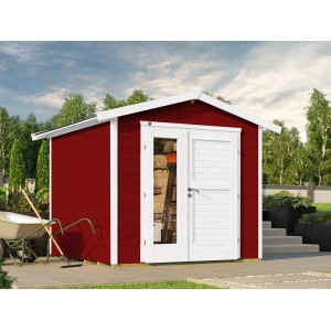 Weka Holz-Gartenhaus 224 A in Schwedenrot mit Design-Doppeltür und Satteldach.