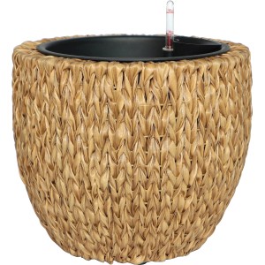 Naturfarbener Pflanztopf aus Polyrattan mit Bewässerungssystem, 29x29x28 cm.