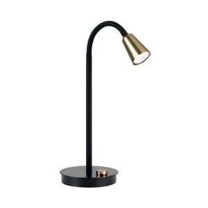 Moderne Orion Tischlampe Dotty in Schwarz-Gold mit gebogenem Arm, konischem Schirm und Drehdimmer.