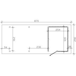 Grundriss Skan Holz Carport Wendland mit Anbau, Maße 362x870cm, Alu-Dach, Blende Schwarz.