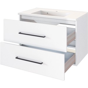 Held Möbel Einzelwaschtisch Rom, 80 cm, Weiß Matt, mit zwei offenen Schubladen und schwarzen Griffen.