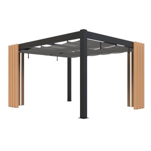 Sojag Pavillon Lito 1012 mit Sonnensegel, schwarz-grau, mit Holzdekor an den Seiten.