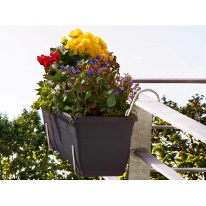 Balkonkasten mit Blumen in Halterung aus Stahldraht (160 mm) am Balkongeländer.