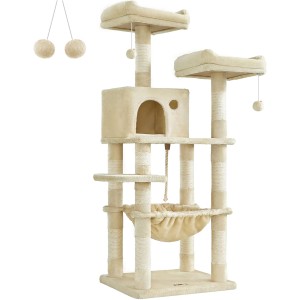 Beiger Feandrea Kratzbaum, 143 cm hoch, mit Plattformen, Kuschelhöhle und Spielzeug.