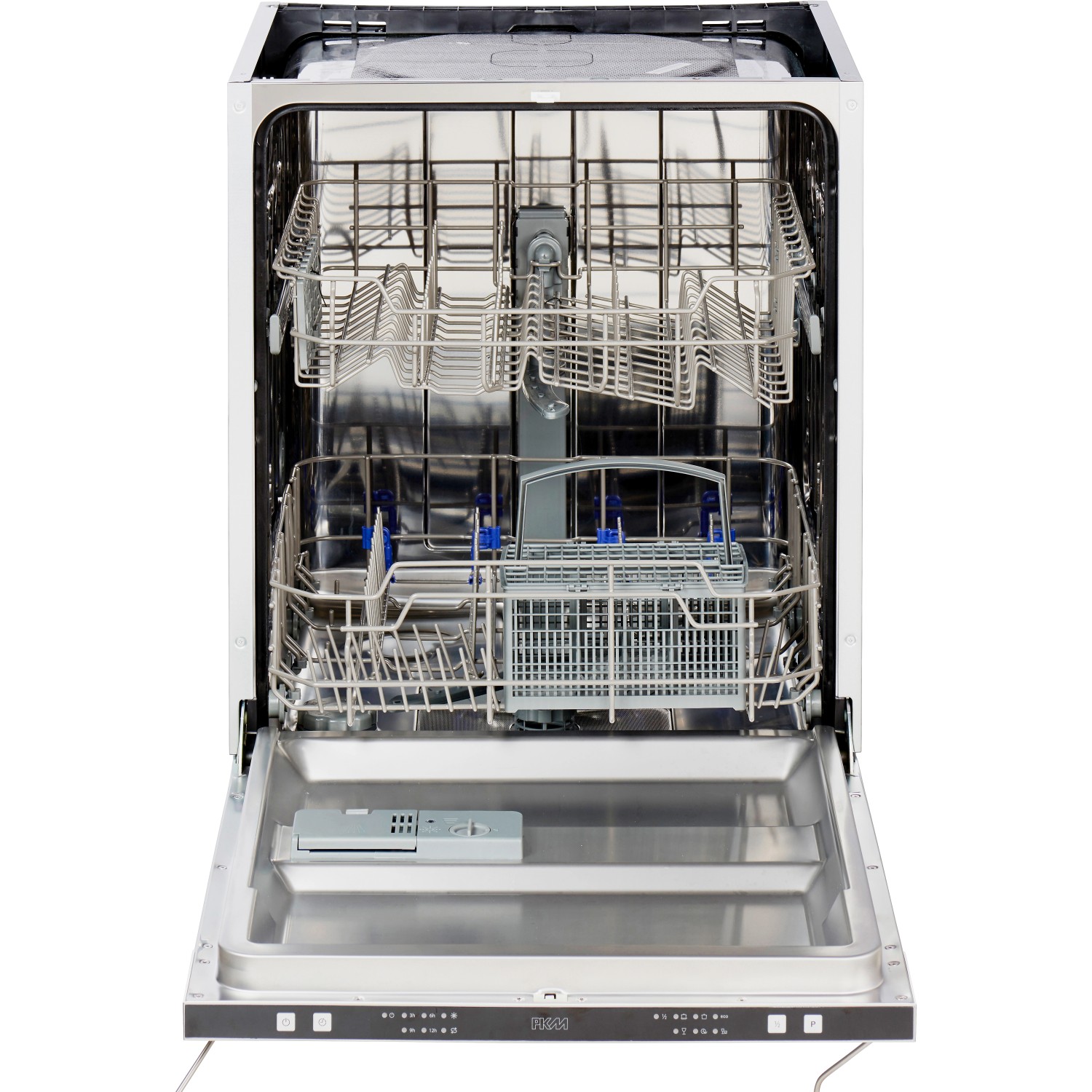 Offener, vollintegrierter Geschirrspüler der Flex-Well Exclusiv Küchenzeile Vintea mit Spülkörben.