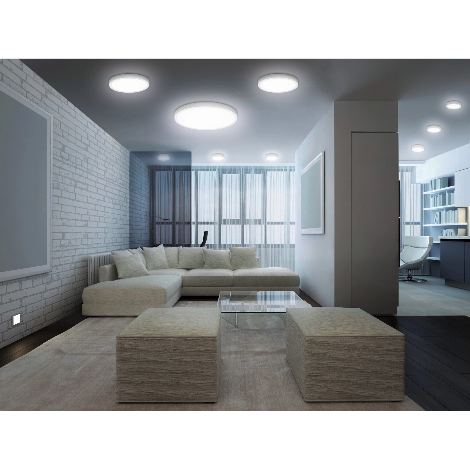 Weiße Ledvance Smart+ WiFi Einbauleuchte Surface Downlight (Ø 60cm) in modernem Wohnzimmer.