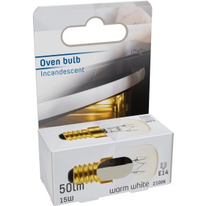 Halogen-Backofenlampe E14, 15W, Kapselform in Produktverpackung.