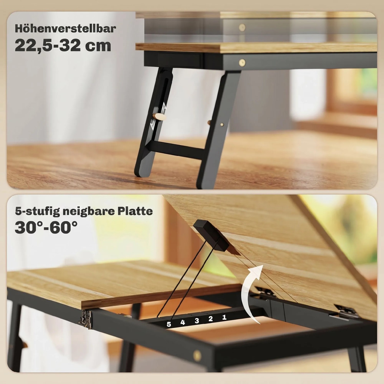 HOMCOM Bambus-Monitorständer Eiche/Schwarz, höhenverstellbar 22,5-32 cm, neigbare Platte 30-60°.