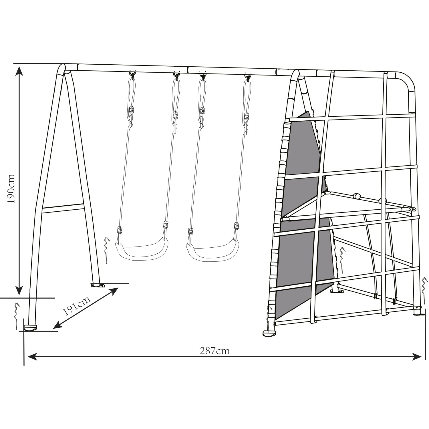 Skizze AXI Spielplatz mit Doppelschaukel und Klettergerüst, Maße: 287x191x190cm.