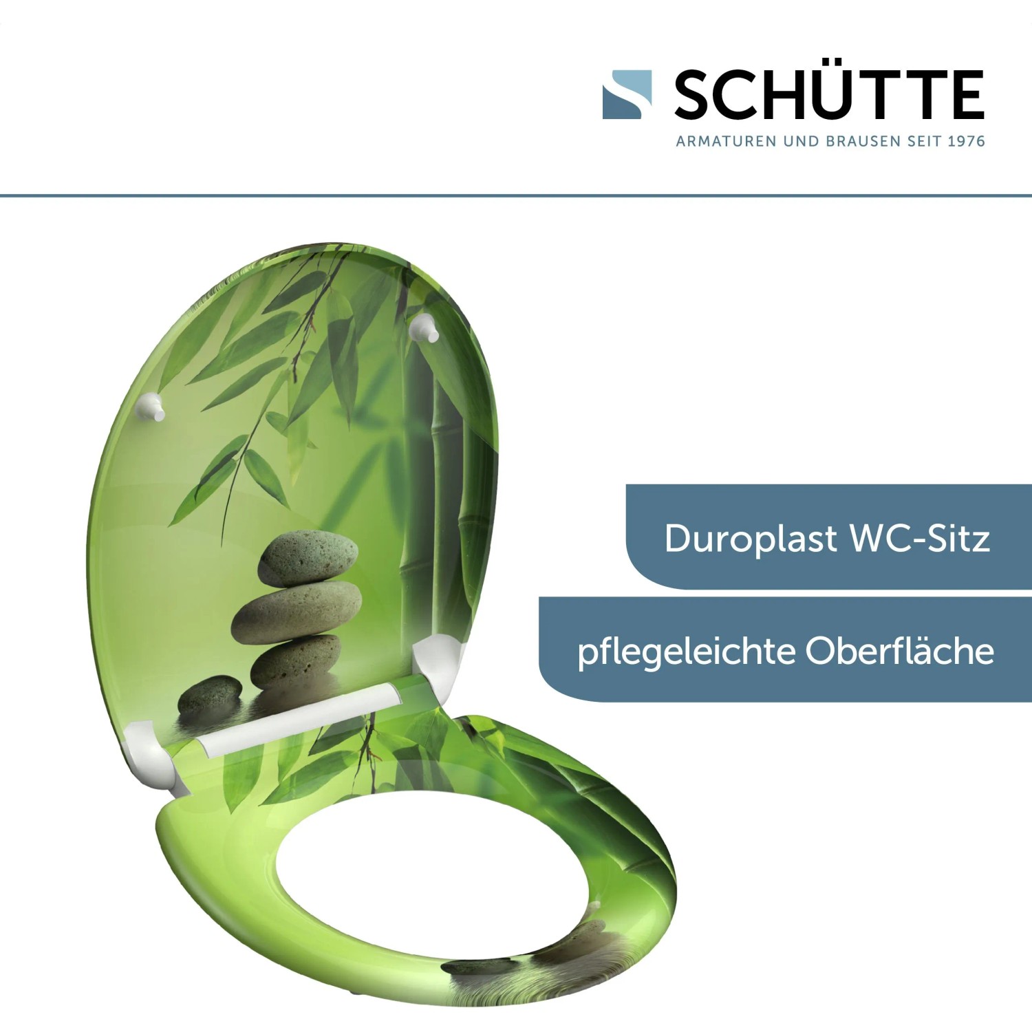 Schütte WC-Sitz Green Garden Duroplast mit Bambus- und Steinmotiv, Absenkautomatik und Schnellverschluss.