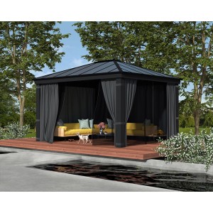 Palram Canopia Dallas Gartenpavillon 4.3 x 3.6 in Anthrazit mit Vorhängen und Möbeln.