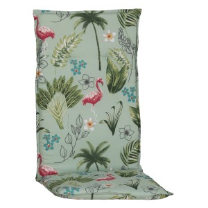 Hellgrüne Sitzauflage Hochlehner Genua mit Flamingo- und Palmenmuster.