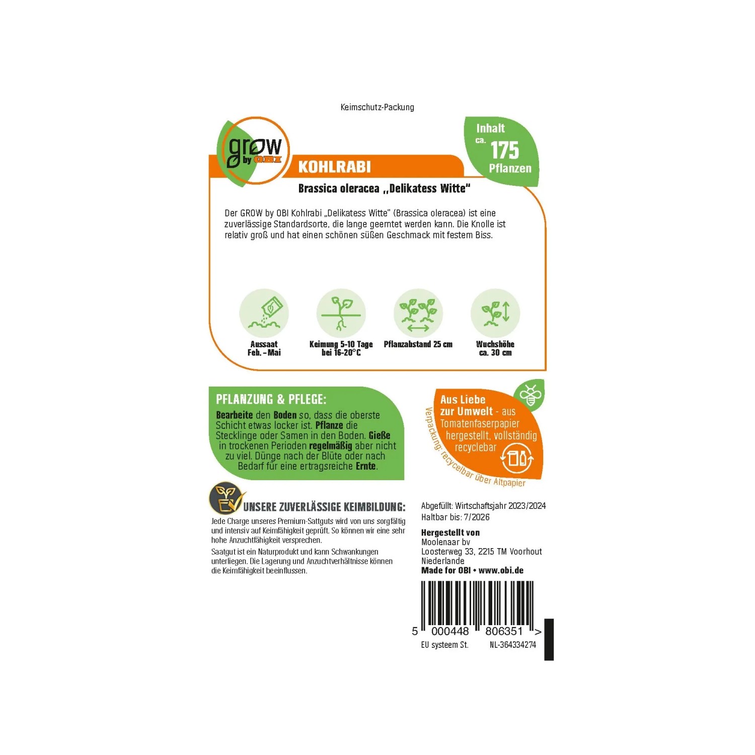 GROW by OBI Kohlrabi Delikatess Witte Samensamen-Packung mit Infos zu Aussaat und Ernte.