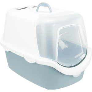 Jollypaw Katzentoilette, blau-weiß, mit aufklappbarer Front und Aktivkohlefilter.