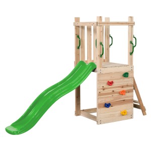 Swing King Spielturm Mari mit grüner Rutsche, Kletterwand und Griffen aus Holz.