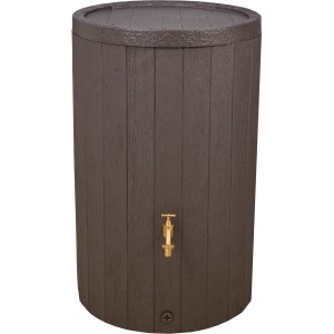 Brauner Garantia Regenspeicher Timber 230 l in Holzoptik mit Messinghahn.