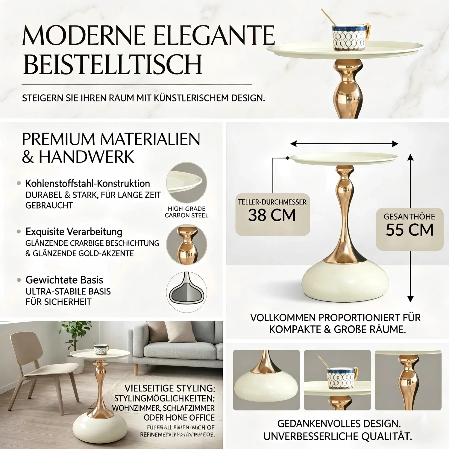 okwish Martini Tisch Runder Beistelltisch Metall Basis Wohnzimmer 38x38x54cm Weiß_9