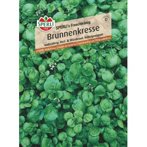 Samenpackung Sperli Brunnenkresse Froschkönig mit grünen Blättern.