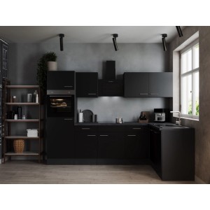 Moderne Respekta Winkelküche Oliver, 280 cm, in Schwarz mit Elektrogeräten und Spüle.