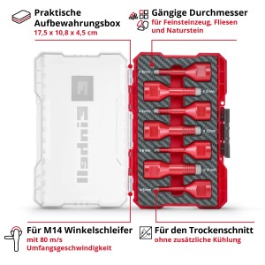 Einhell Fliesenbohrer-Set, 7-teilig im M-Case: Diamantbohrer für Winkelschleifer in Aufbewahrungsbox.