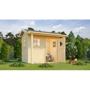 Lasita Maja Kinderspielhaus Pingo mit Terrasse, drei Fenstern und offener Tür im Garten.