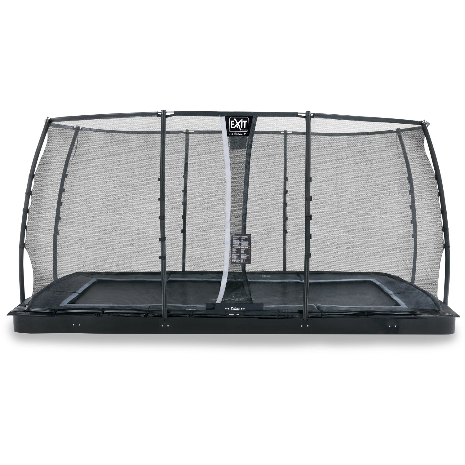 Schwarzes, rechteckiges EXIT Dynamic Bodentrampolin 244x427 cm mit Sicherheitsnetz.
