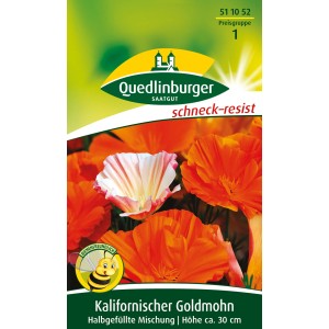 Packung Kalifornischer Goldmohn, gefüllte Mischung mit orangefarbenen und weißen Blüten.