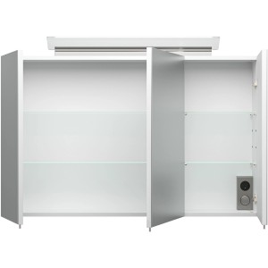 Posseik Spiegelschrank, 100 cm breit, weiße Softclose-Türen, mit Einlegeböden und Aufsatzleuchte.
