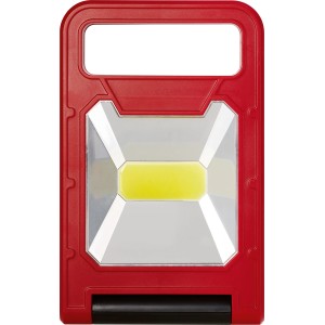 Faltbare LED-Arbeitsleuchte COB, 580 lm, rot-schwarz, mit Griff und ausklappbarem Standfuß.
