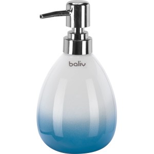 baliv Seifenspender aus Keramik mit Farbverlauf von Weiß zu Blau und Chrom-Pumpe.