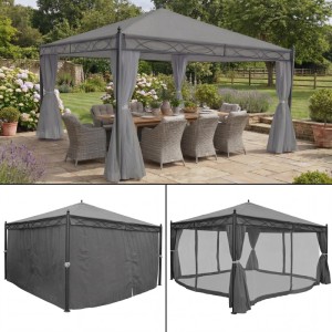Graue MCW Pergola Calpe 4x4m mit Dach, Seitenwand und Moskitonetz als Markise & Sonnenschutz.