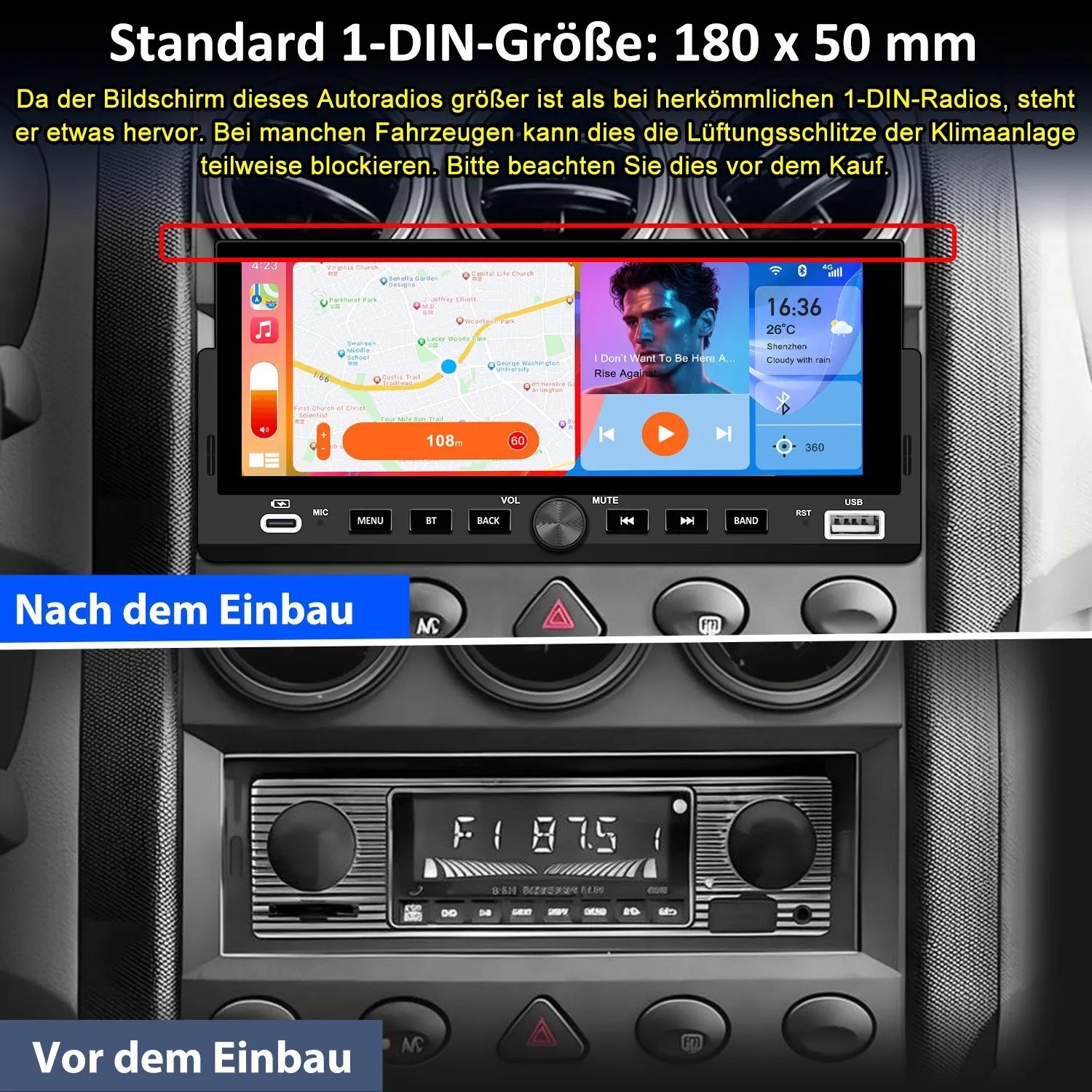 Junsun 1 DIN 7 Zoll Autoradio Carplay Display mit Touchscreen im Armaturenbrett, zeigt Navigation & Musik. Vorher-Nachher-Vergleich.