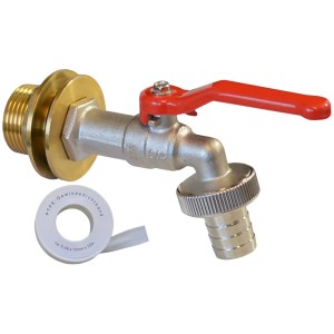 Regentonnen Auslaufset aus Messing mit rotem Griff und Dichtband für Wasserentnahme.